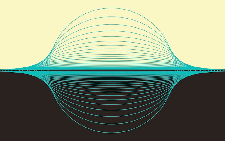 An abstract illustration with a horizon trapped in a bubble in ivory and blue shades
