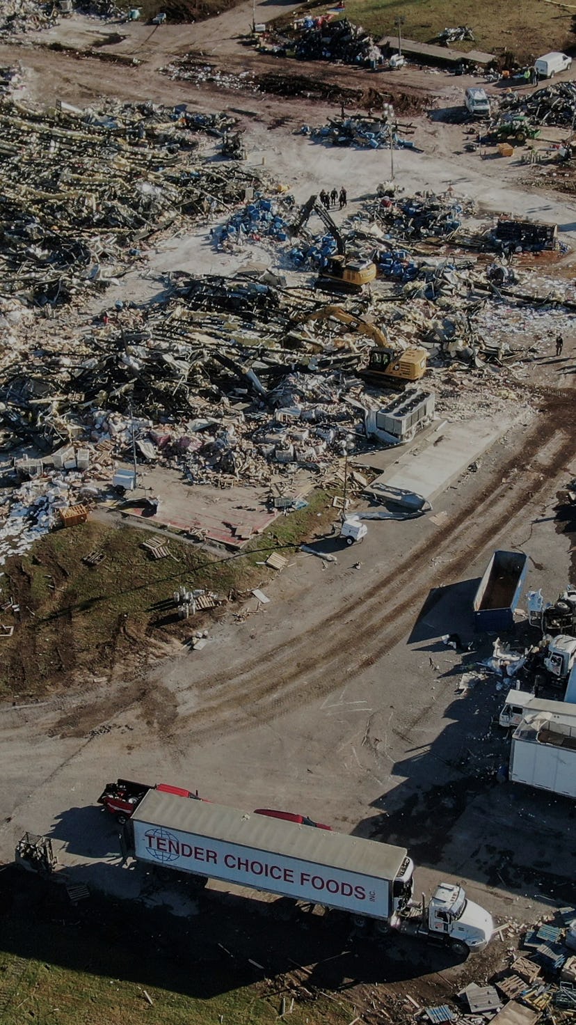 An aerial photo made with a drone shows the destruction of the Mayfield Consumer Products candle fac...