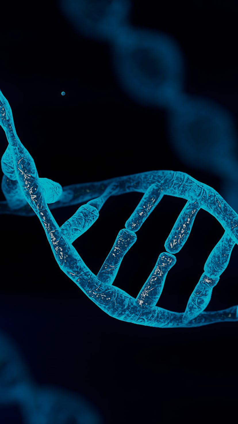 Blue chromosome DNA and gradually glowing flicker light matter chemical when camera moving closeup. ...