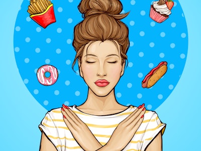 Woman refusing from fast food, sweets illustration. Girl showing stop hand sign for unhealthy,fat, h...