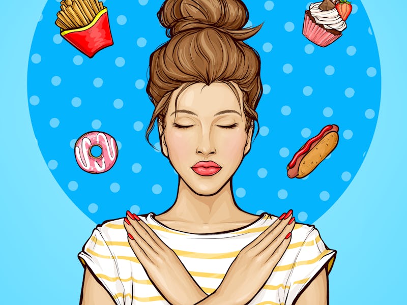 Woman refusing from fast food, sweets illustration. Girl showing stop hand sign for unhealthy,fat, h...