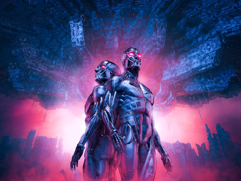 Cyborg masters return - 3D illustration of science fiction humanoid robots standing amid rubble in w...