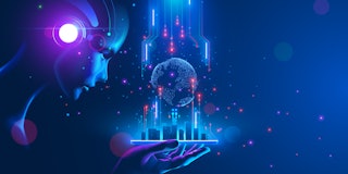 Artificial intelligence looking at smart city, connected with planet through global mobile internet ...