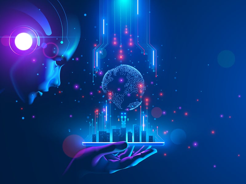Artificial intelligence looking at smart city, connected with planet through global mobile internet ...