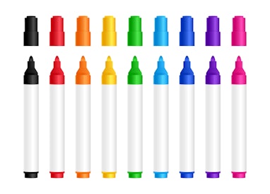 Colorful pen markers set. Realistic markers for drawing. Colored felt-tip pens. Office stationery. V...