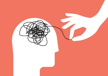 Psychologic therapy session concept with human head silhouette and helping hand unravels the tangle ...