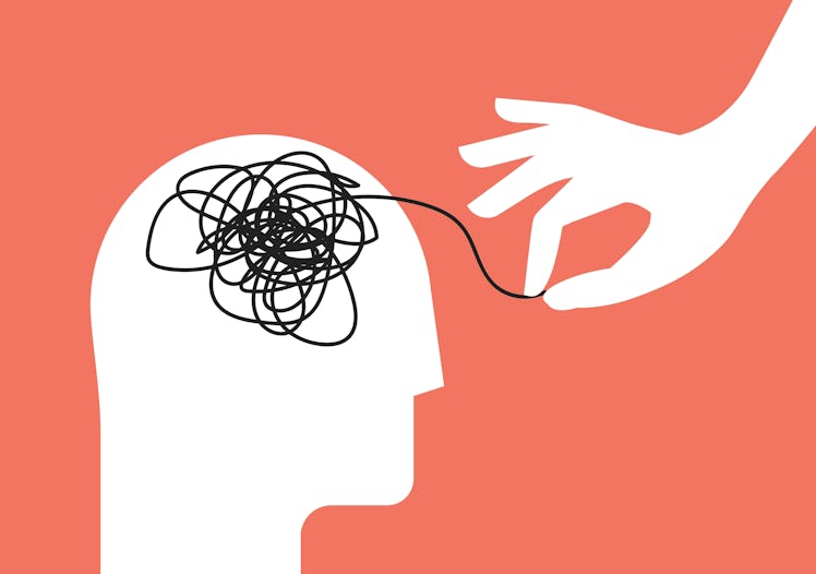 Psychologic therapy session concept with human head silhouette and helping hand unravels the tangle ...