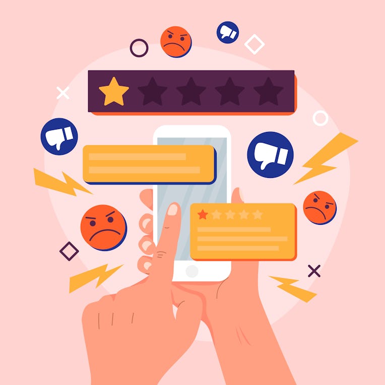 Bad review concept design. Online negative user feedback. 
Customer experience ranking. Dislike, com...