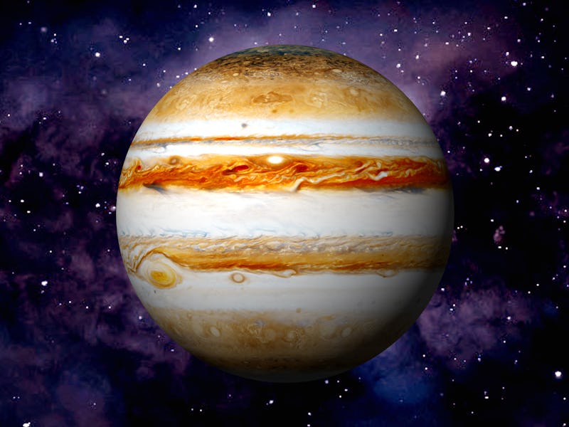 Jupiter planet on space with colorful starry night. front view of Jupiter planet from 3d space with ...