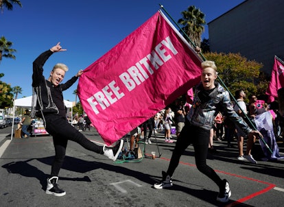 Twins Edward, right, and John Grimes of Dublin, Ireland, hold a "Free Britney" flag outside a hearin...