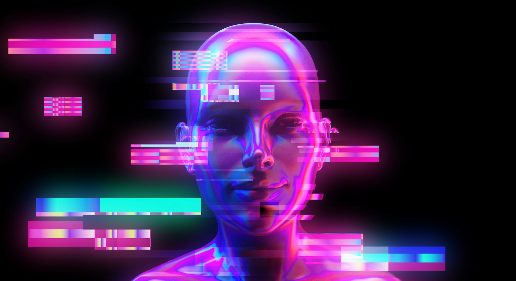 3D rendering illustration of artificial human bust sculpture in neon lights with digital glitch effe...