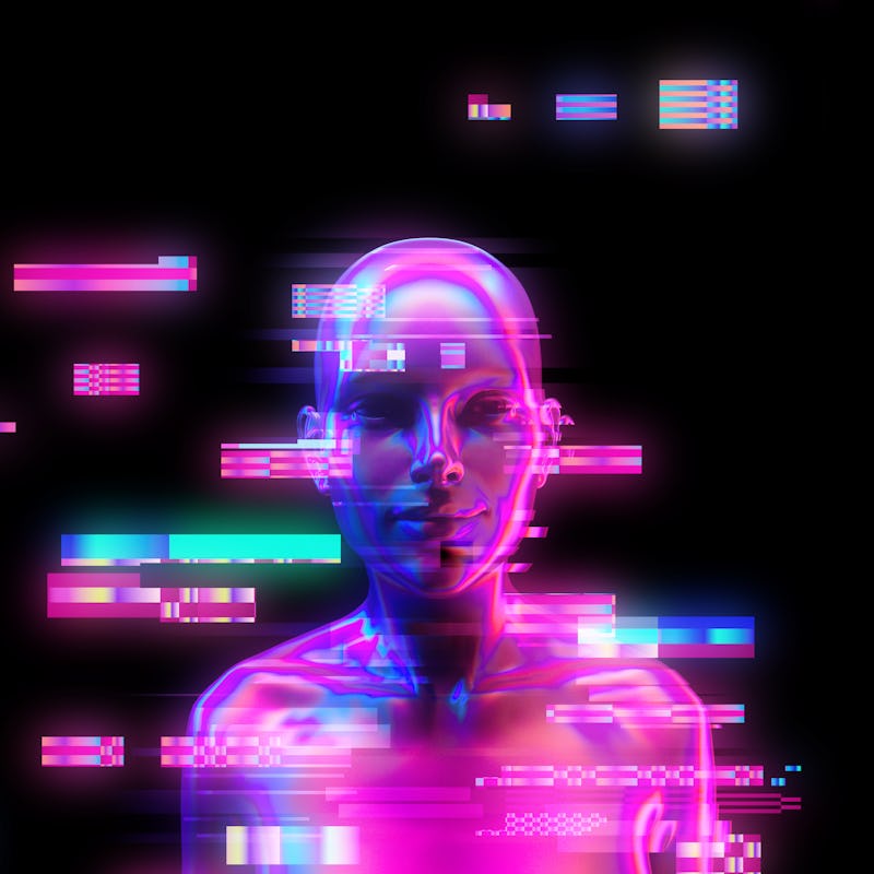 3D rendering illustration of artificial human bust sculpture in neon lights with digital glitch effe...