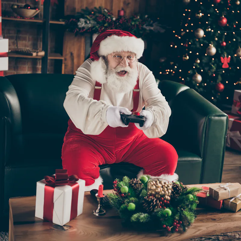 Photo of excited addicted grey hair santa claus sit couch celebrate x-mas christmas night midnight p...