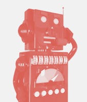 3d illustration: dark blue metal robot in headphones with headset calls customers with annoying ads,...