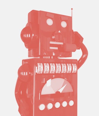 3d illustration: dark blue metal robot in headphones with headset calls customers with annoying ads,...