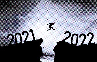 Welcome merry Christmas and happy new year in 2022,Silhouette Man jumping from 2021cliff to 2022 cli...