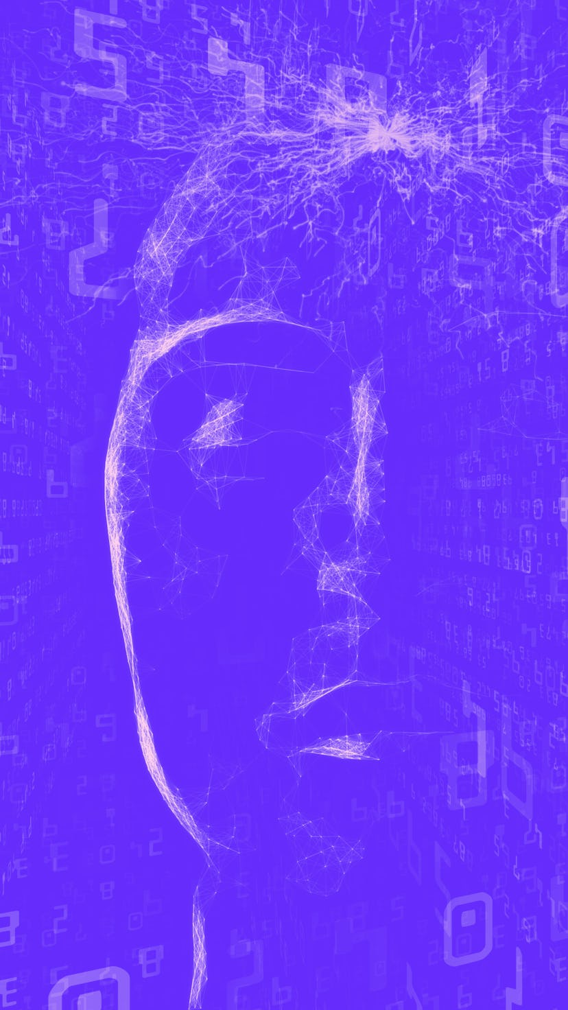 Virtual Mind series. 3D rendering of human head and abstract digital elements composition on subject...