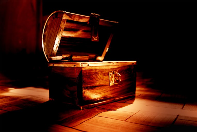 Haunted treasure,Vintage open wooden chest,Color dramatic look