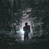 A man walking through a dark, waterlogged path in an abandoned building, digital art style, illustra...