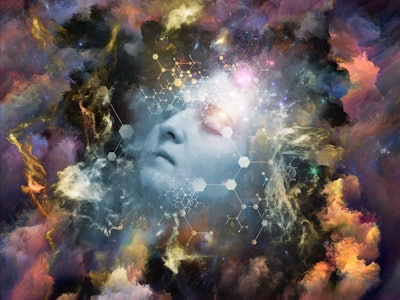 Will Universe Remember Me series. Backdrop composed of human face and fractal smoke nebula and suita...
