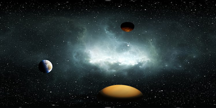 360 degree space background with Exoplanets or Extrasolar planets, nebula and stars, equirectangular...