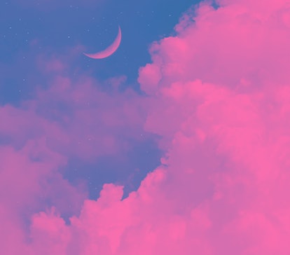 Pink clouds with pink moon and stars, photo editing