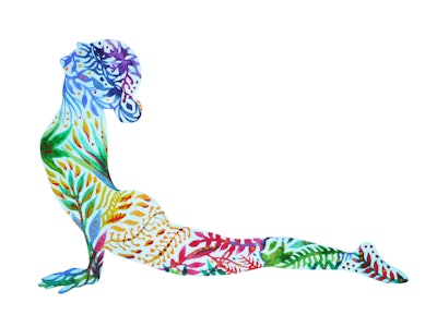 Upward Facing Dog Yoga Pose, Urdhva Mukha Svanasana, flower floral pattern watercolor painting, chak...