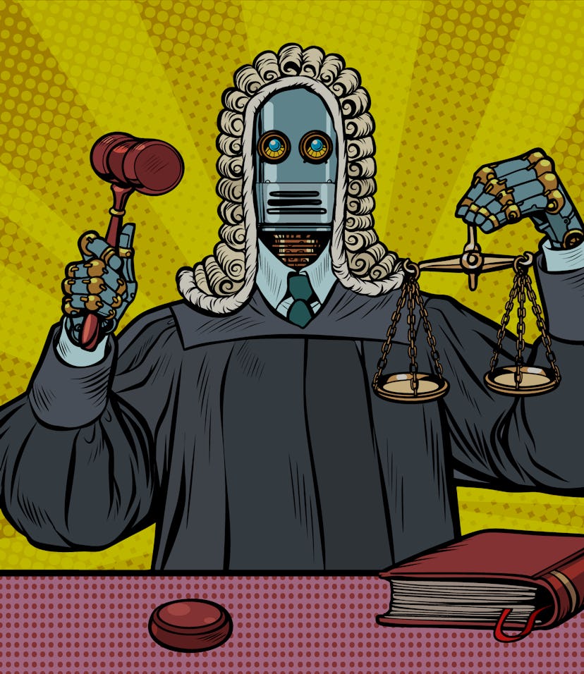 robot judge in robes and wig. Pop art retro vector illustration vintage kitsch