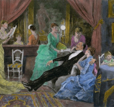 A fanciful French illustration of an evening in a Mormon polygamist family The eight elegant wives e...