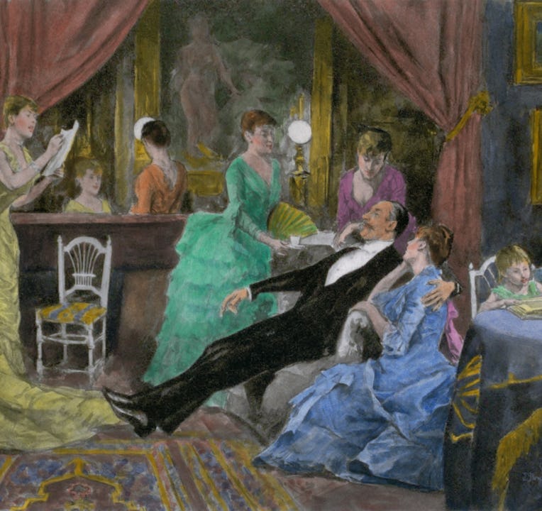 A fanciful French illustration of an evening in a Mormon polygamist family The eight elegant wives e...