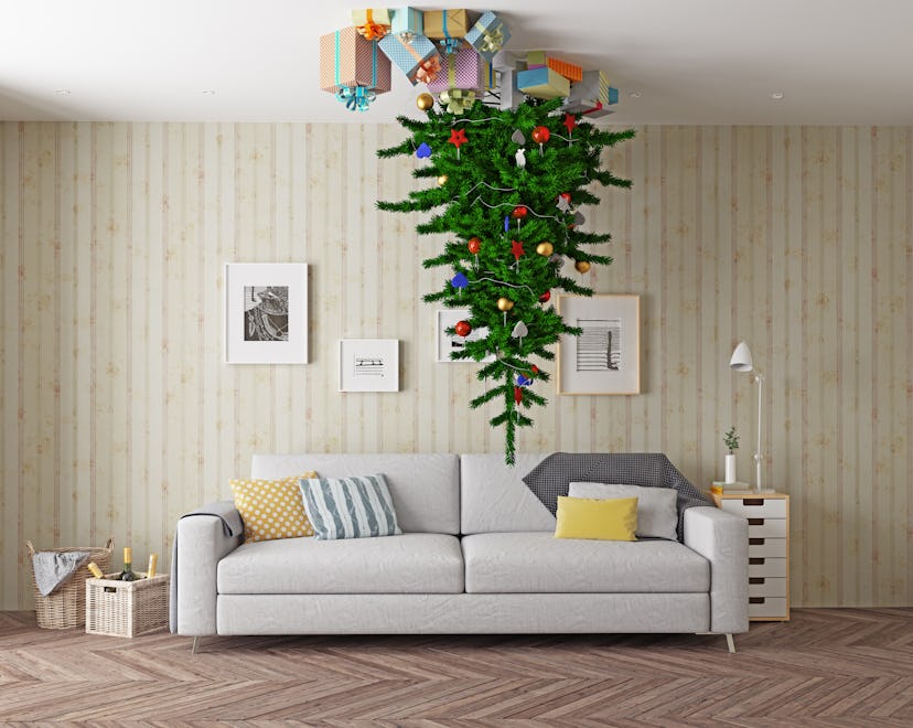 room with a Christmas tree on the ceiling. 3d concept