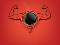 Top view of a cup of coffee in the form of Arm muscle on red background, Coffee concept illustration...