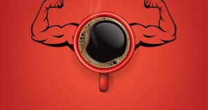Top view of a cup of coffee in the form of Arm muscle on red background, Coffee concept illustration...