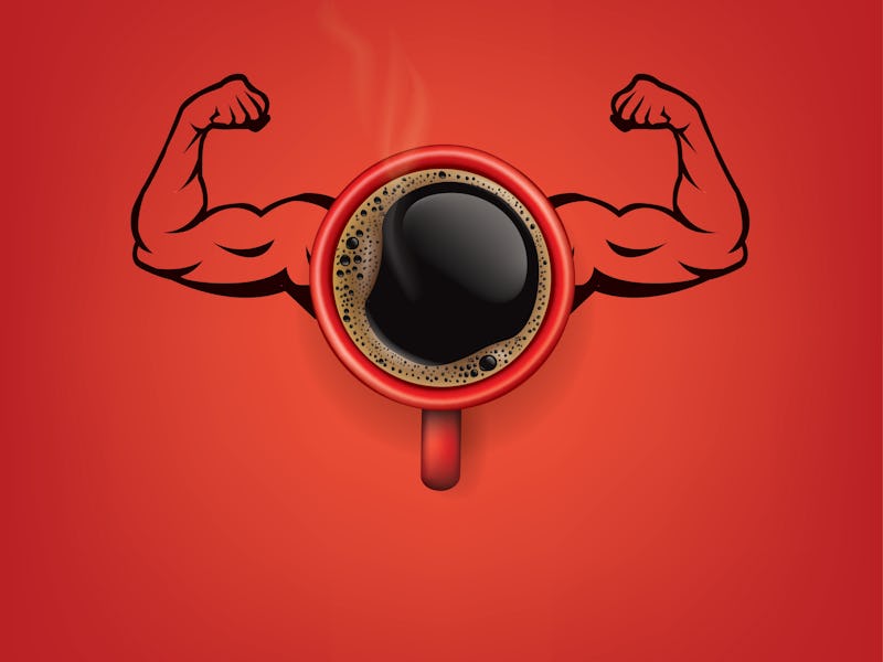 Top view of a cup of coffee in the form of Arm muscle on red background, Coffee concept illustration...