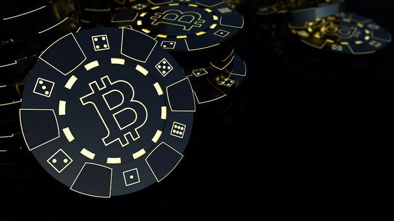 3D illustration of a glowing bitcoin casino chip close-up. A conceptual, futuristic gambling chip wi...