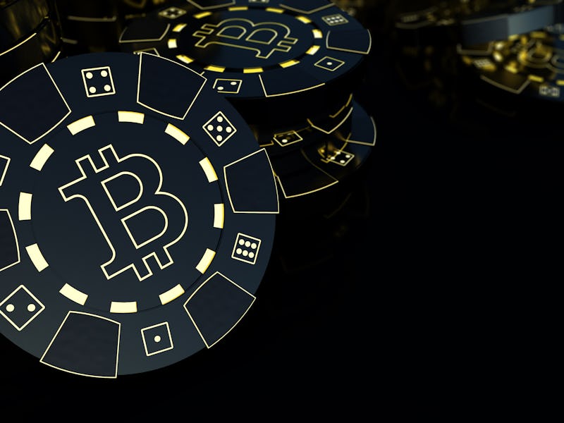 3D illustration of a glowing bitcoin casino chip close-up. A conceptual, futuristic gambling chip wi...