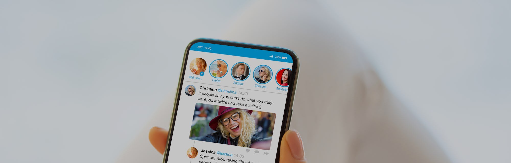 Woman using social media microblogging app on phone