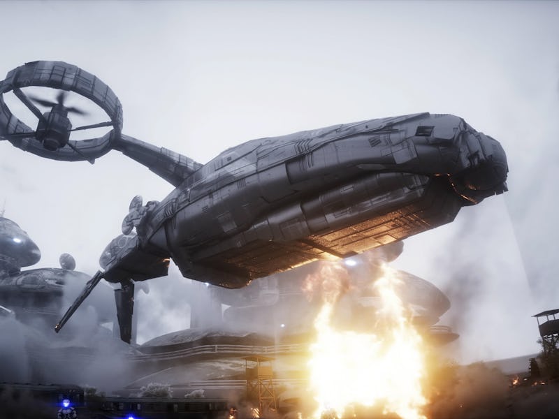 Futuristic sci fi ship take wing. Military robot. Apocalypse city. 3d rendering.