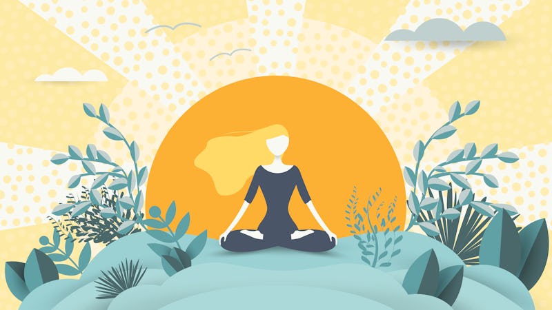 Spiritual therapy for body and mind with harmony yoga vector illustration. Wellness and health in na...