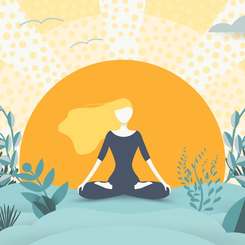 Spiritual therapy for body and mind with harmony yoga vector illustration. Wellness and health in na...