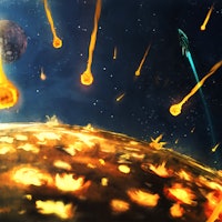 Artistic 3d illustration of dangerous asteroid hitting planet Earth causing total disaster and life ...