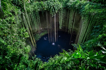 view from above on cenote ik-kil near chichen itza in tulum, one of the best affordable ...