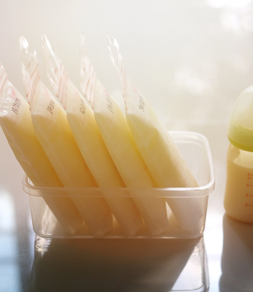 Frozen breastmilk in storage bags and baby bottle, vintage style