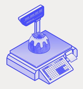 Christmas holidays retail concept: buying a plum pudding on a POS scales.