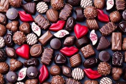 Assortment of fine chocolate candies, white, dark and milk chocolate. Sweets background. Copy space....