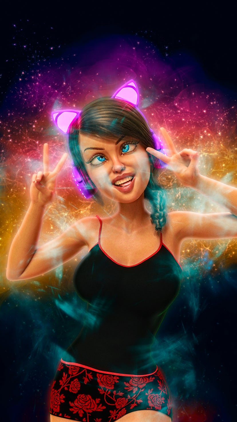 gamer girl cartoon in a white background. This girl will put some fun in yours creations, 3d illustr...