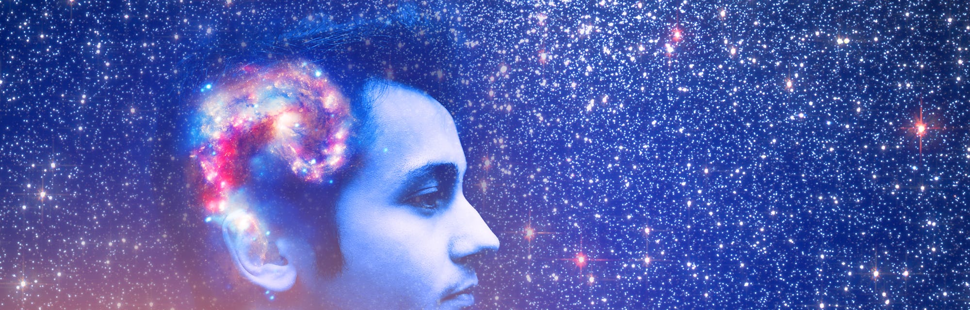 Human spirit, astronomy, life zen inner peace concept. Double multiply exposure abstract portrait of a dreamy young man face, galaxy universe space inside head Elements of this image furnished by NASA