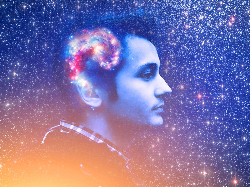 Human spirit, astronomy, life zen inner peace concept. Double multiply exposure abstract portrait of...