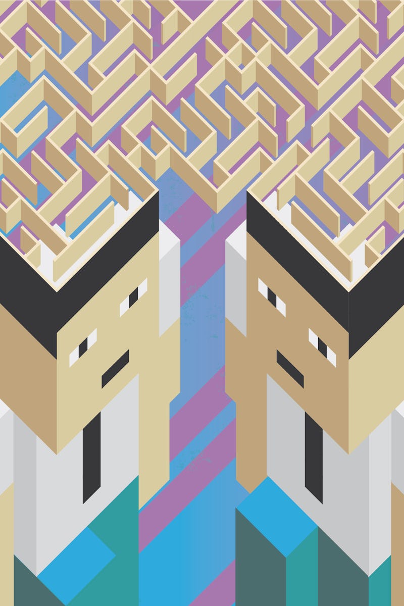 Illustration of the concept of two businessmen with labyrinth heads in chaos, in isometric old vide...