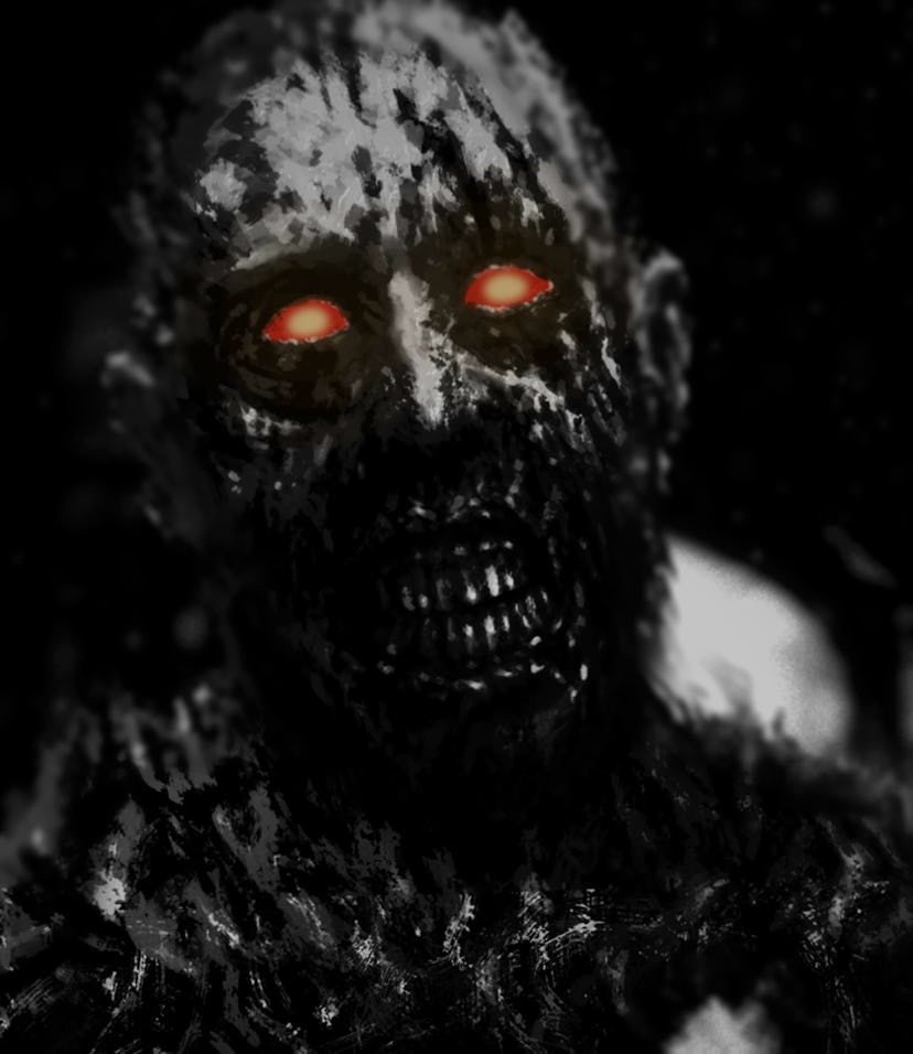 Zombie with glowing red eyes walking in hallway of abandoned house. Illustration in genre of horror....